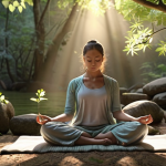 A person meditating peacefully in a serene natural setting, using a mindfulness app on their phone, with soft, calming lighting.