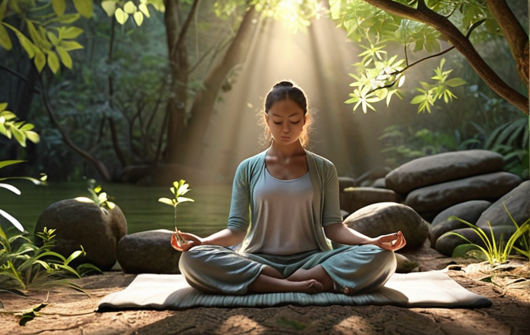 A person meditating peacefully in a serene natural setting, using a mindfulness app on their phone, with soft, calming lighting.